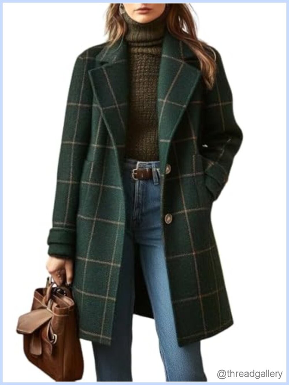 Wool Blend Plaid Trench Coat Notch Collar Button Down Mid Long